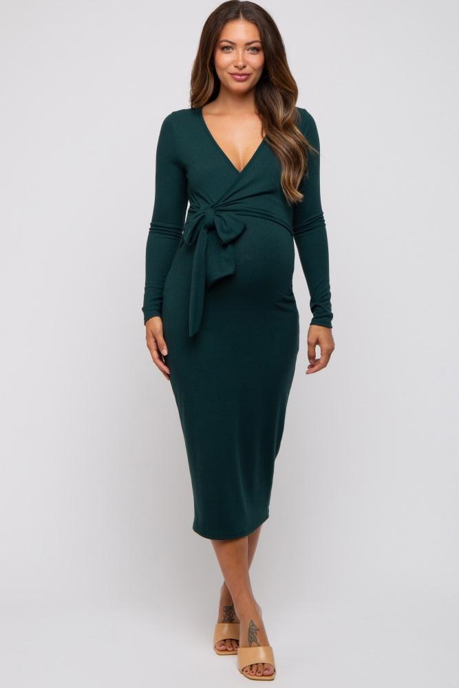 forest green ribbed long sleeve maternity wrap dress