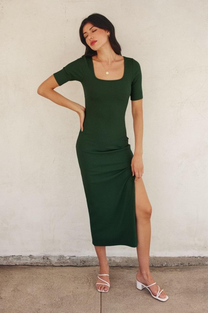 forest green ribbed short sleeve side slit midi dress