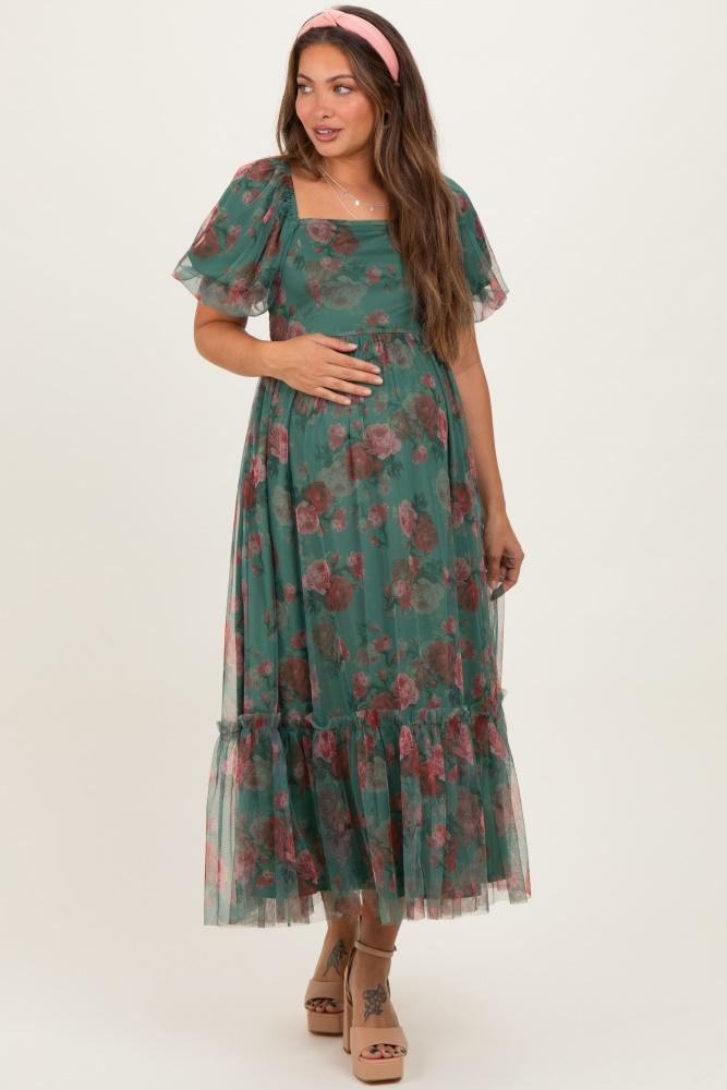 forest green rose print tulle overlay maternity midi dress