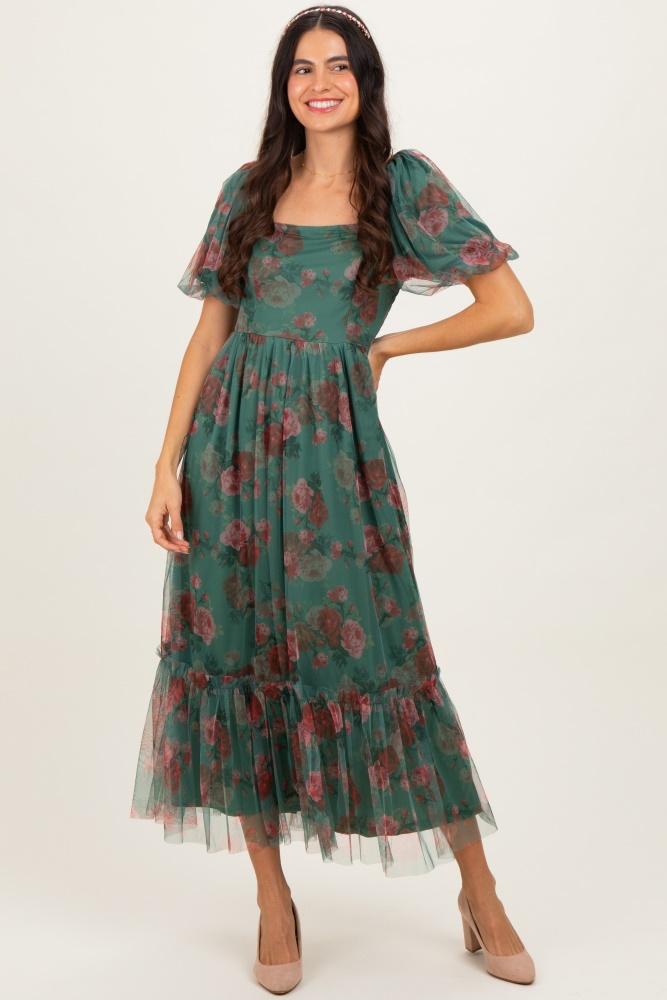 forest green rose print tulle overlay midi dress