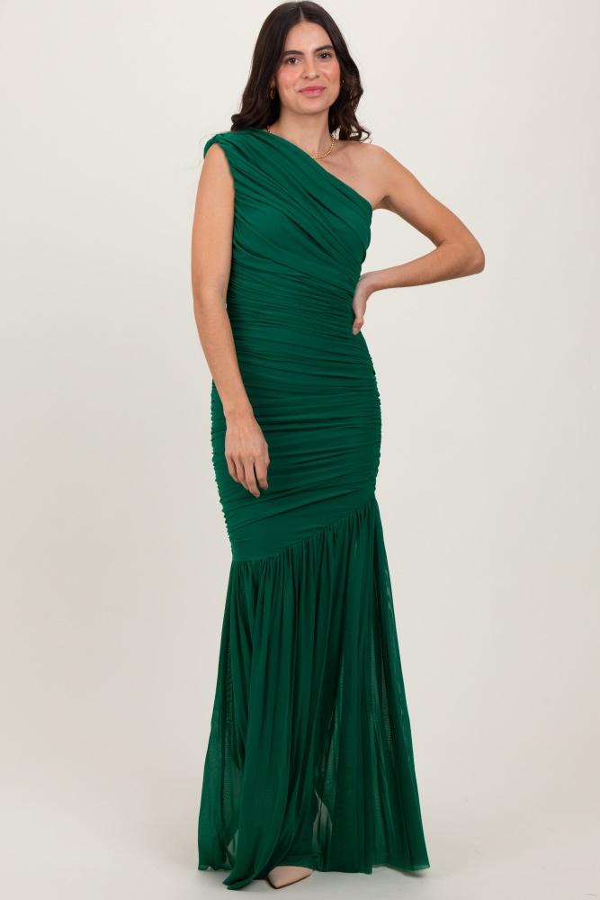 forest green ruched mesh one shoulder maxi dress