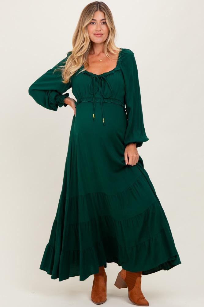 forest green ruffled fit and flare maternity maxi dress