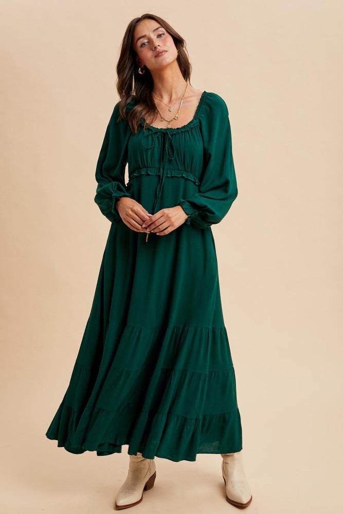 forest green ruffled fit and flare maxi dress