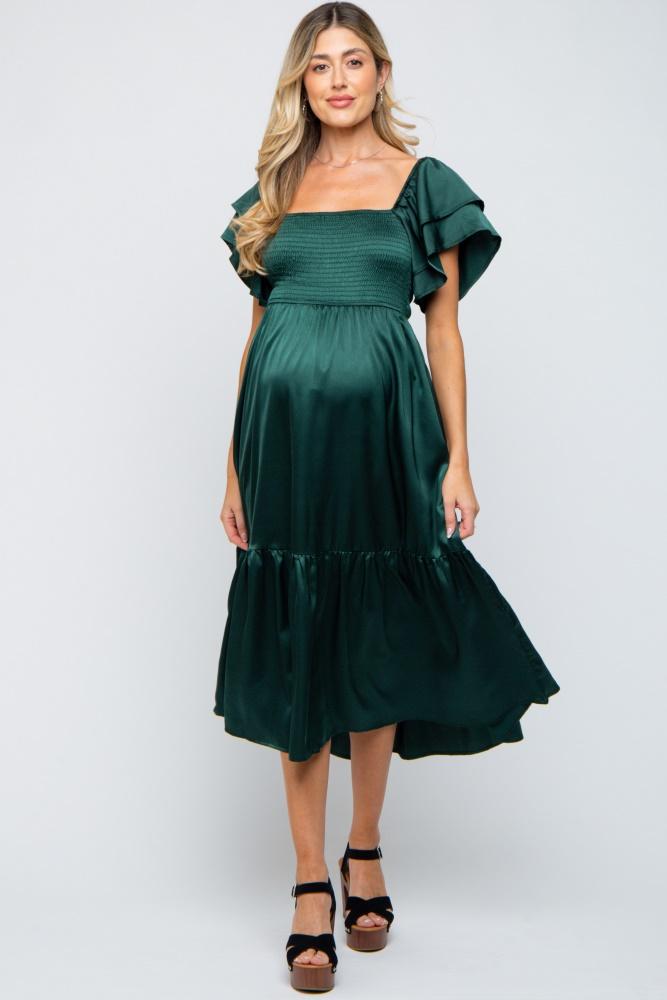 forest green satin flutter sleeve maternity midi dress