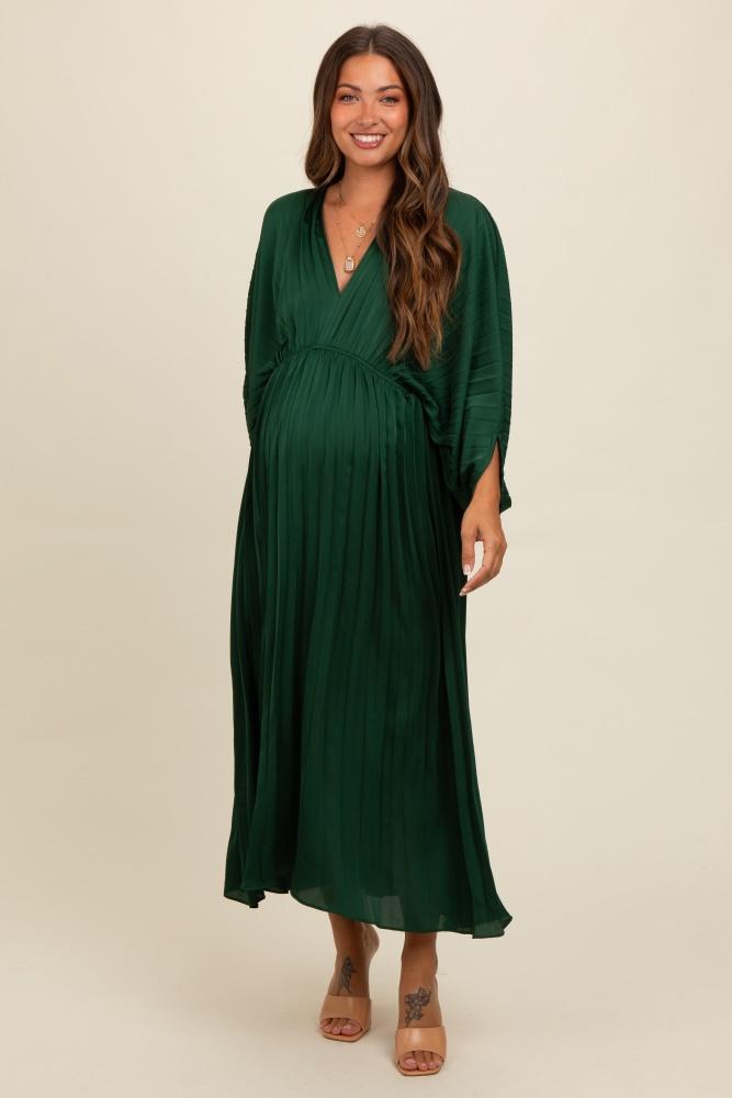 forest green satin pleated v-neck maternity maxi dress