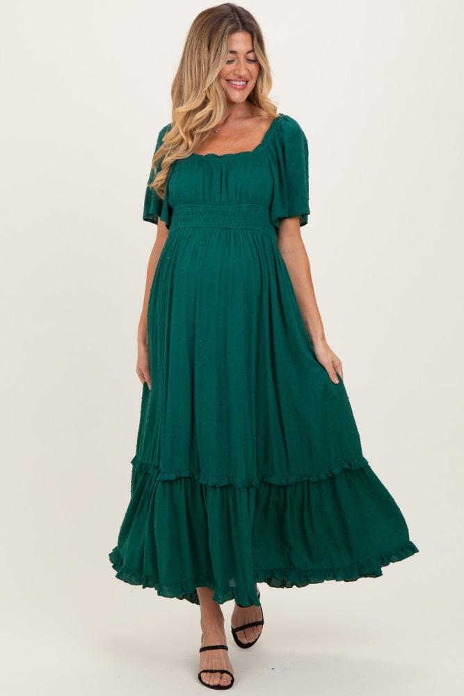 forest green swiss dot ruffle trim maternity maxi dress