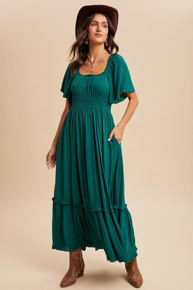 forest green swiss dot ruffle trim maxi dress