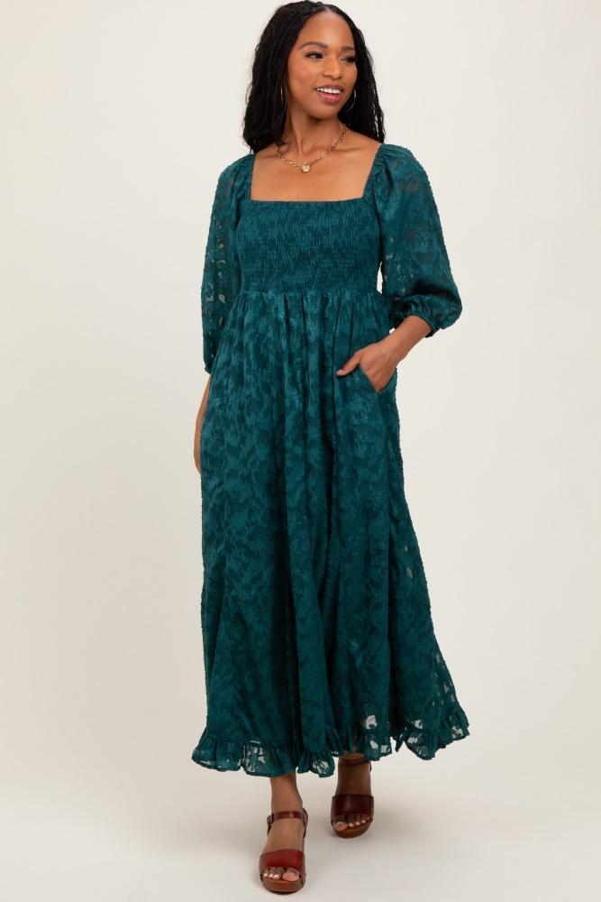 forest green textured overlay smocked ruffled hem maxi dress