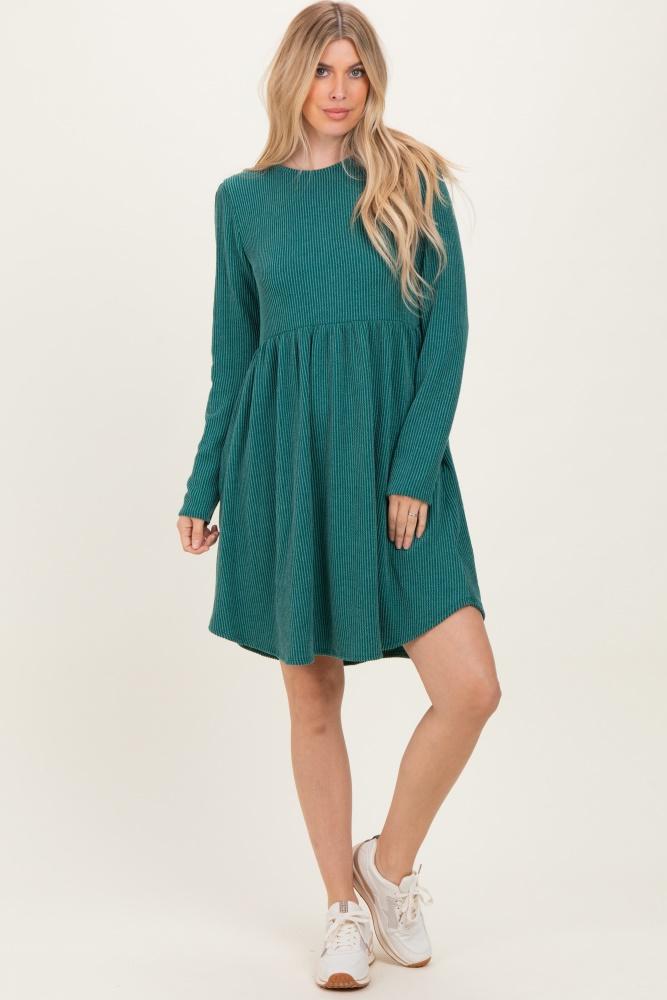 forest green textured rib long sleeve dress