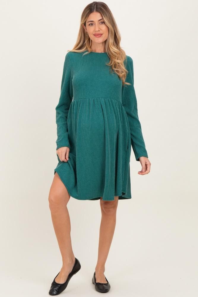 forest green textured rib long sleeve maternity dress