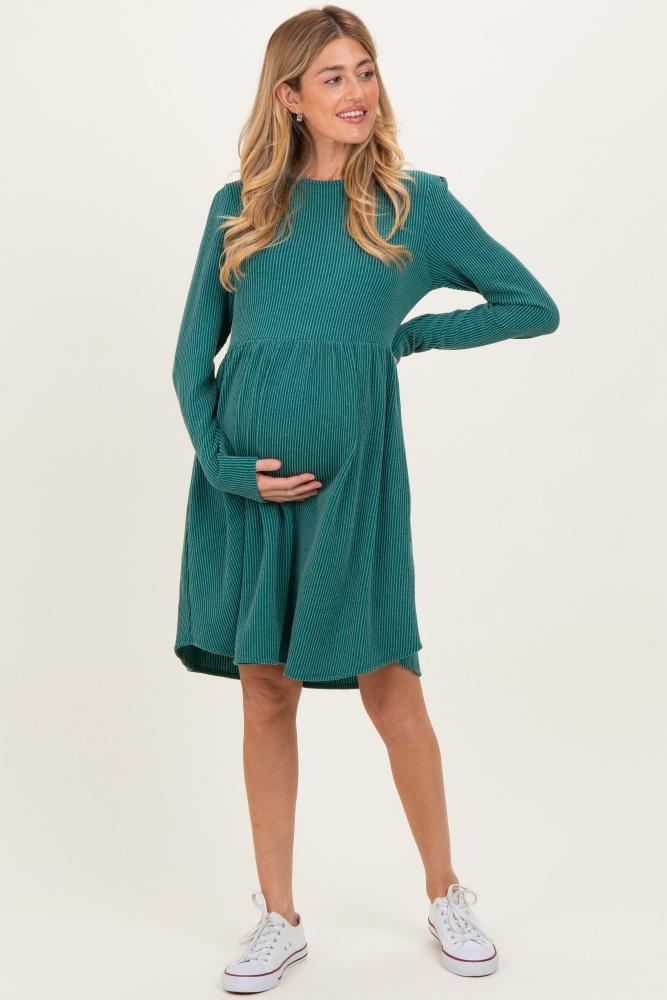 forest green textured rib tiered long sleeve maternity dress