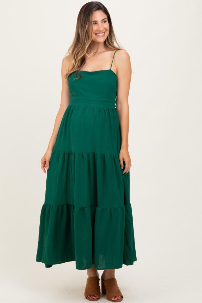 forest green tiered cutout tie back maternity midi dress