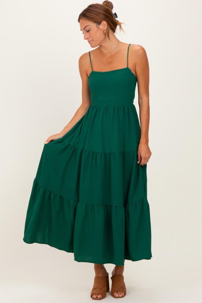 forest green tiered cutout tie back midi dress