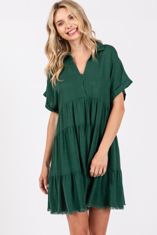 forest green tiered linen dress