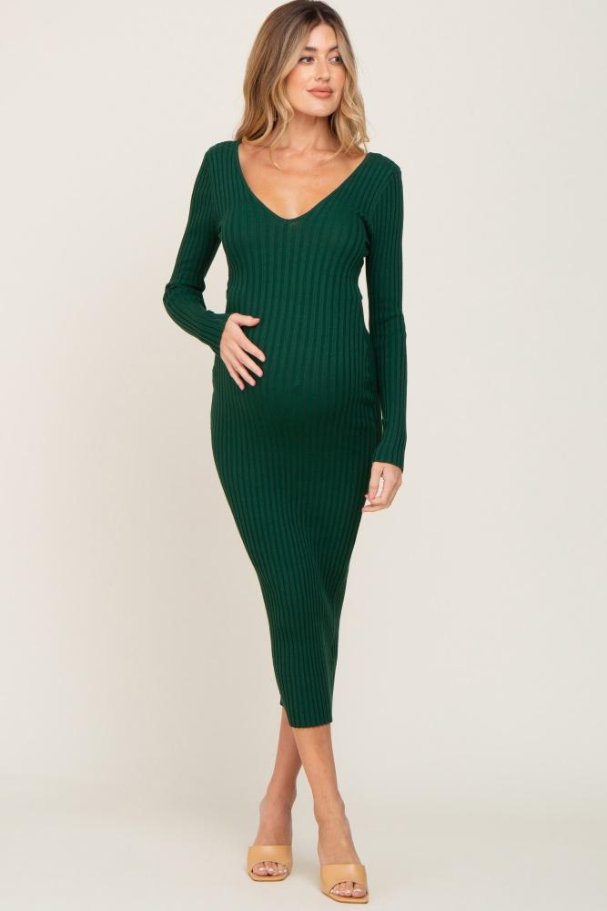 forest green v-neck long sleeve fitted maternity maxi dress