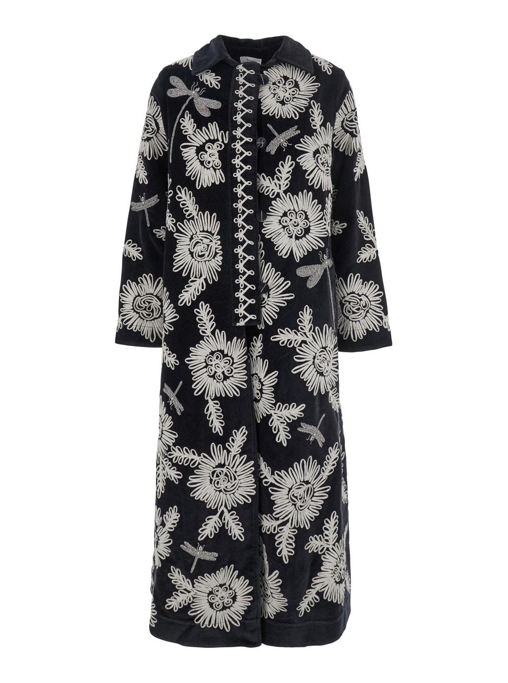 forte_forte black and white coat with all-over embroidery in cotton woman