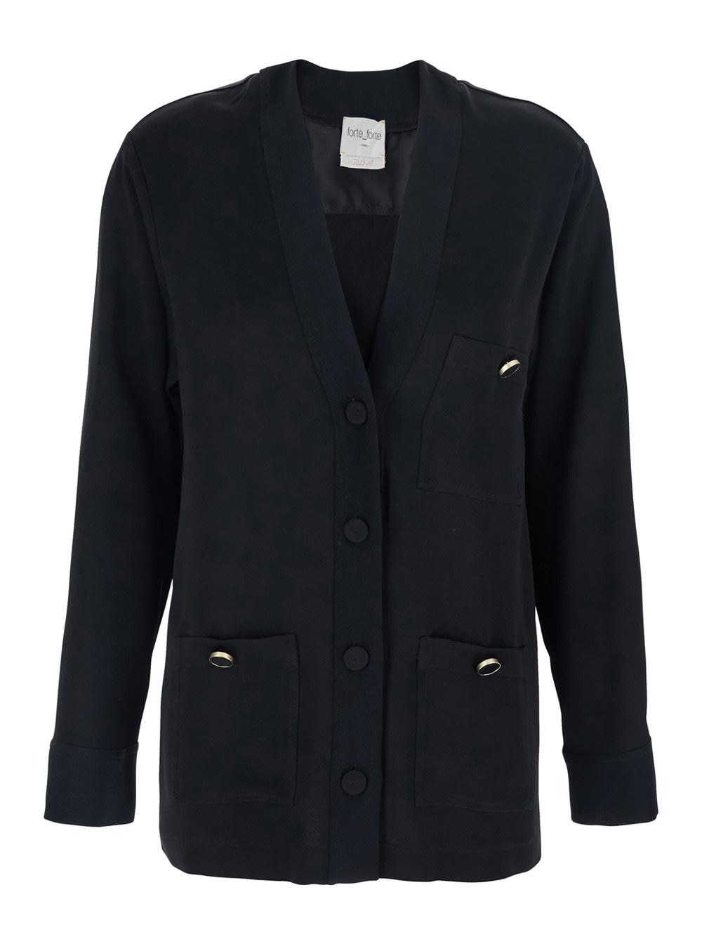 forte_forte black v-neck cardigan with patch pockets in fabric woman