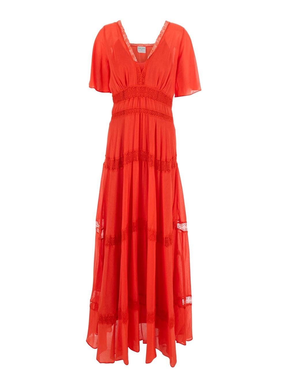 forte_forte red long dress with lace details and underlay in cotton and silk woman