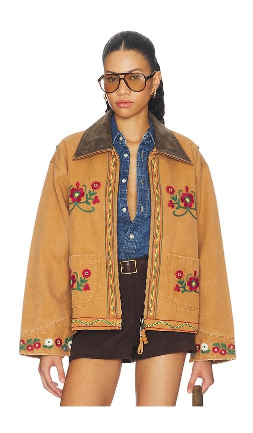 found canvas embroidered work jacket in cognac.