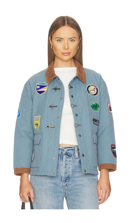 found farmstead quilt patch jacket in blue.