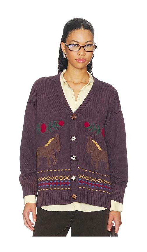 found horse jacquard cardigan in purple.