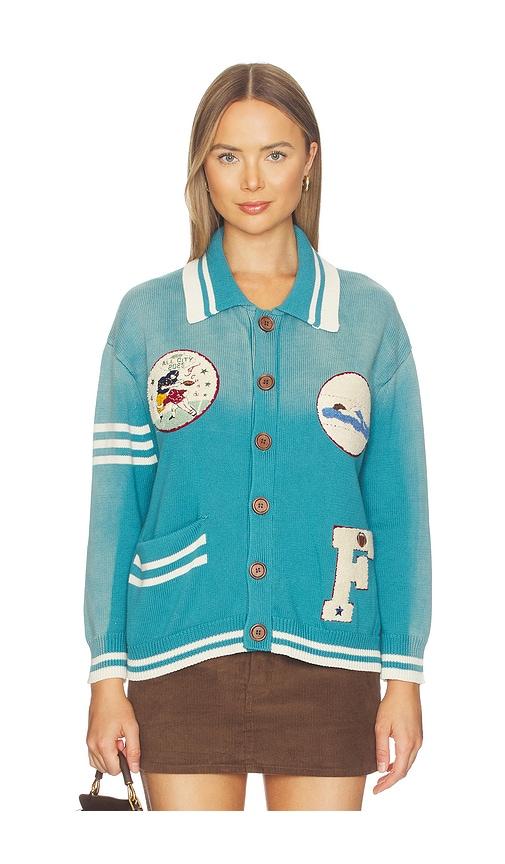 found varsity patch collared cardigan in blue.