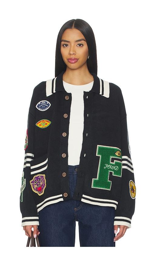 found varsity patch collared cardigan in grey.