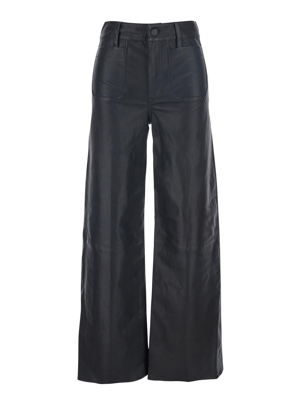 frame le slim palazzo black pants with belt loops and wide leg in leather woman