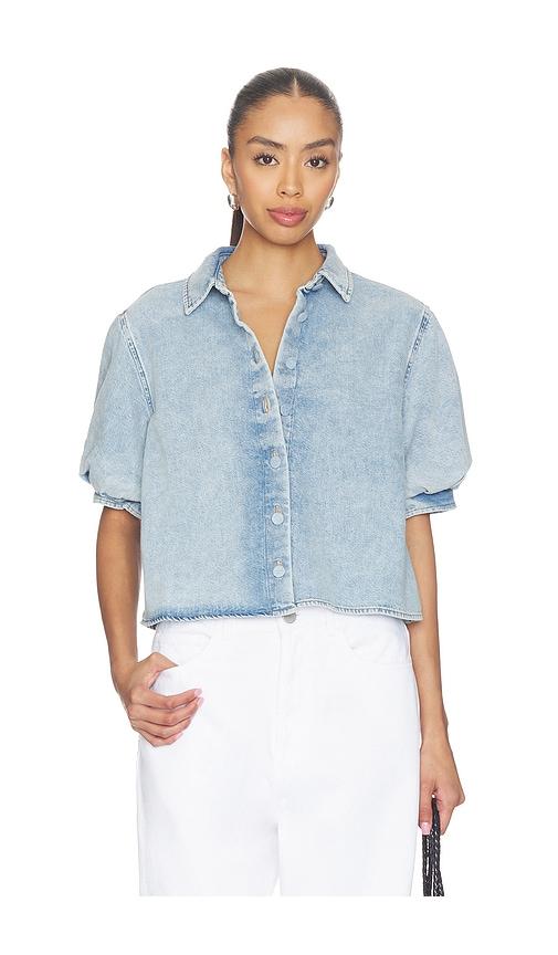 frame the billow sleeve shirt in blue.