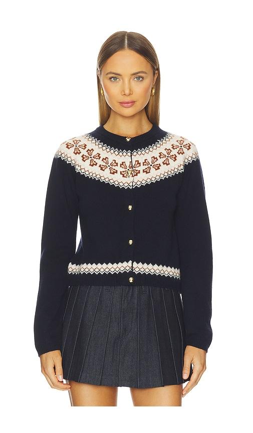 frame the cashmere fairisle cardi in navy.