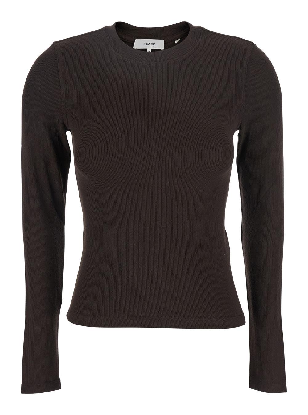 frame the l/s rib crew brown ribbed knit sweater in tech fabric stretch woman