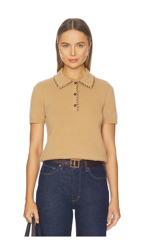 frame the leather stitch polo top in tan.