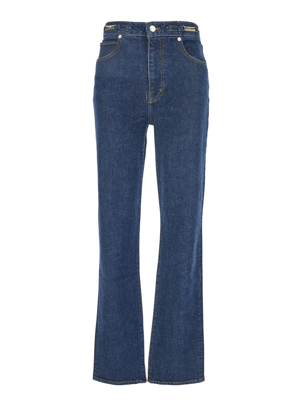 frame the ritz ruler blue flared jeans with logo plaque on the waist and logo embroidery on the rear in denim woman