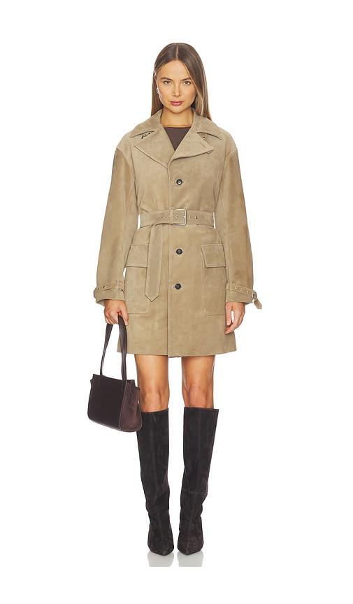frame the suede trench jacket in tan.