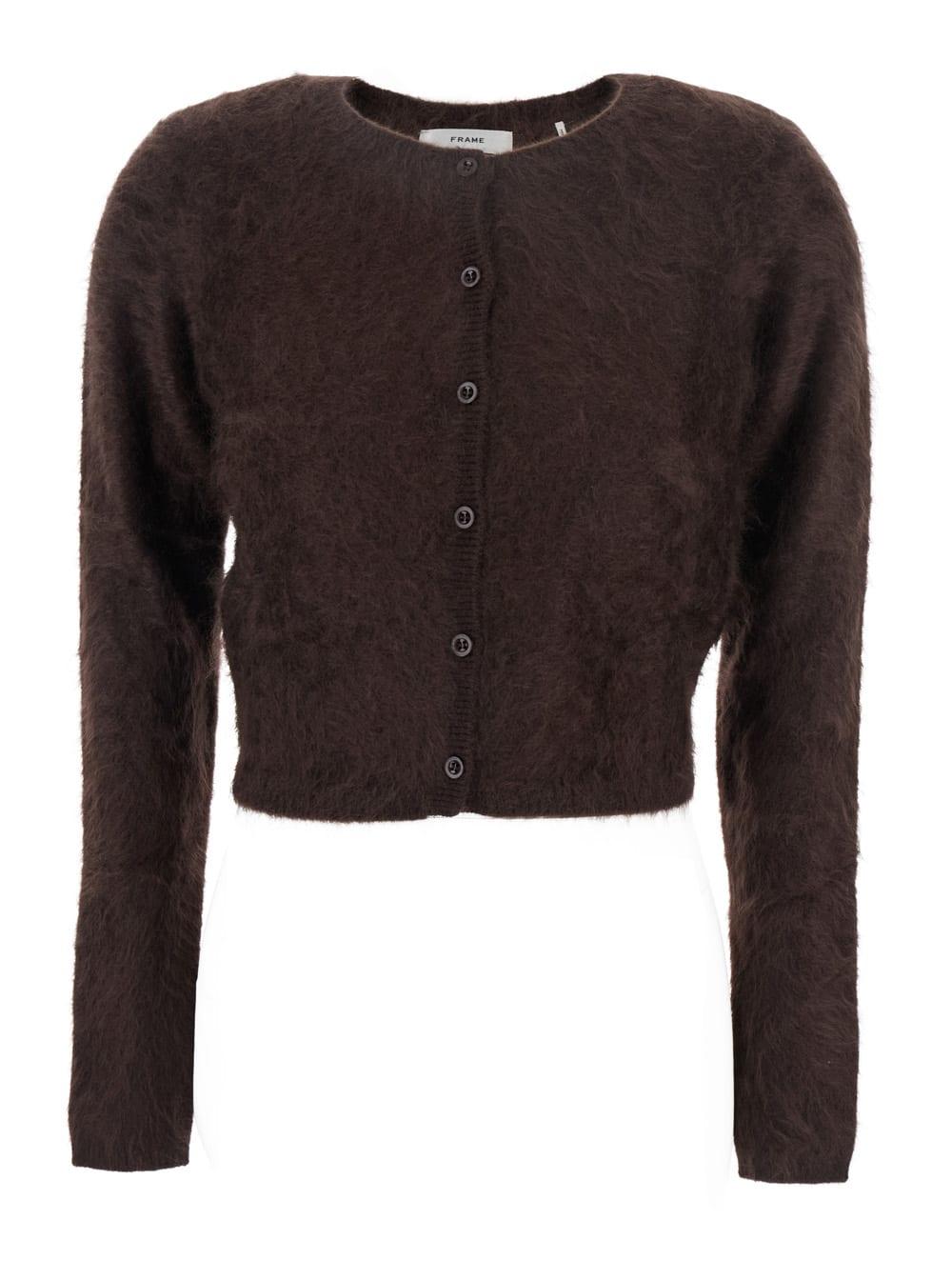 frame the teddy cardi brown cropped crewneck cardigan with front button closure in cashmere woman