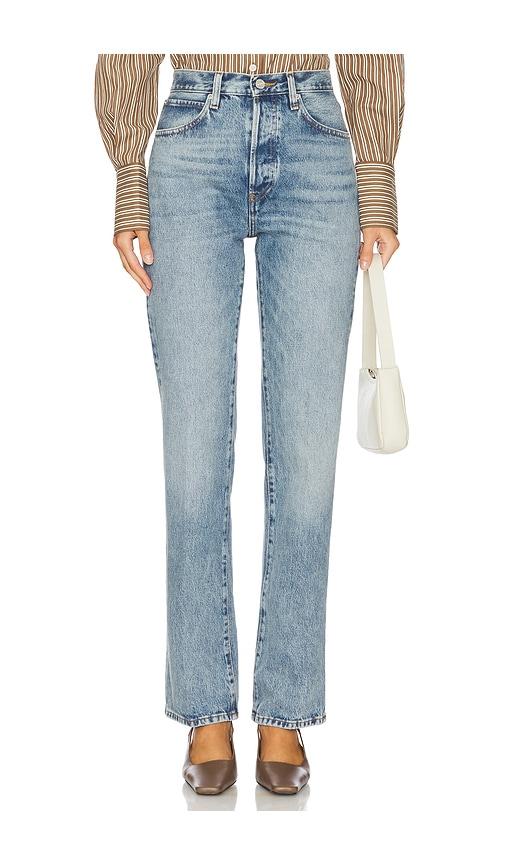 frame vertical straight leg jeans in blue.