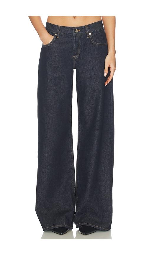 frame x alexandra leclerc the leo low rise baggy jean in blue.