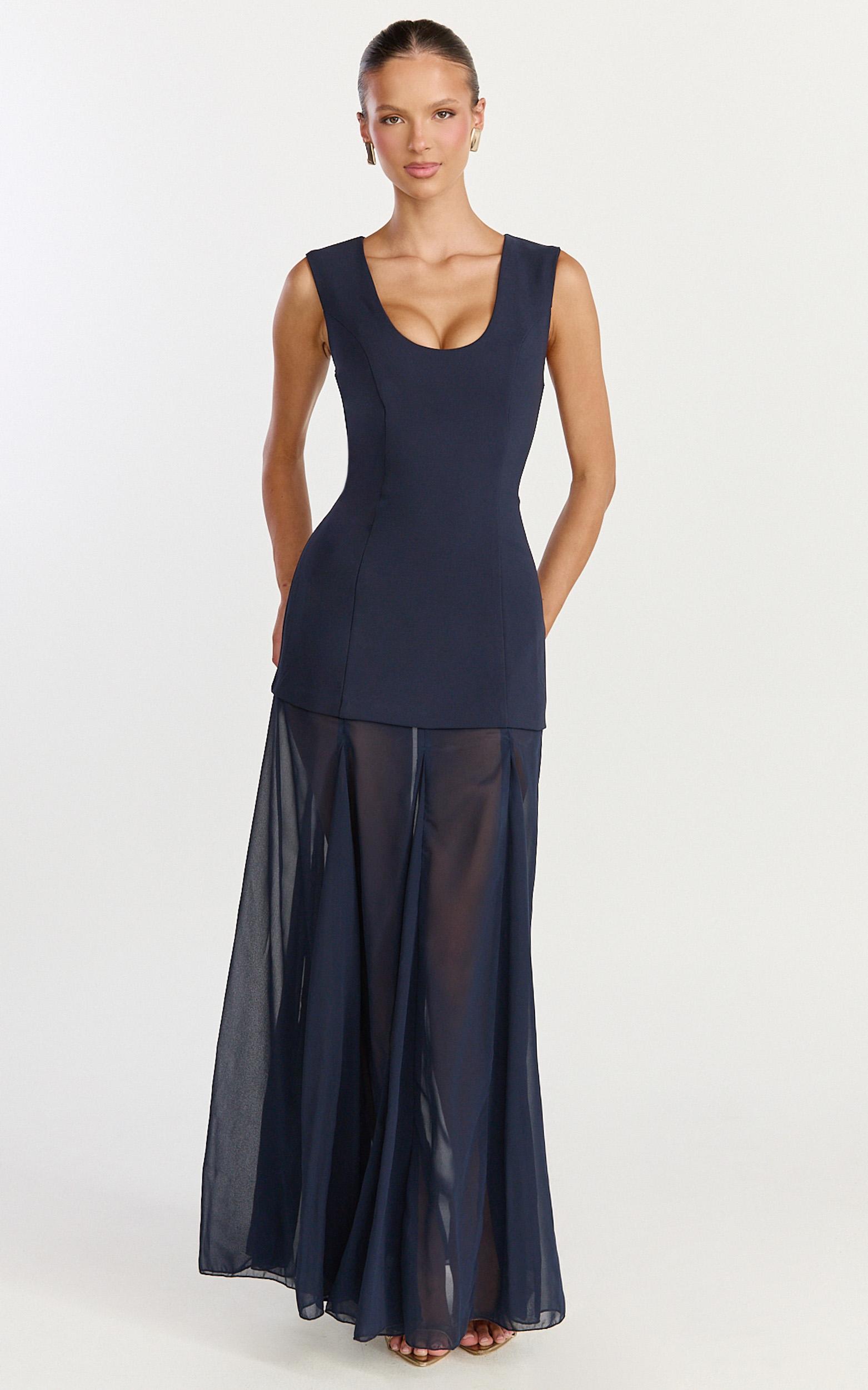 frances maxi dress - contrast u neck godet a line dress in navy