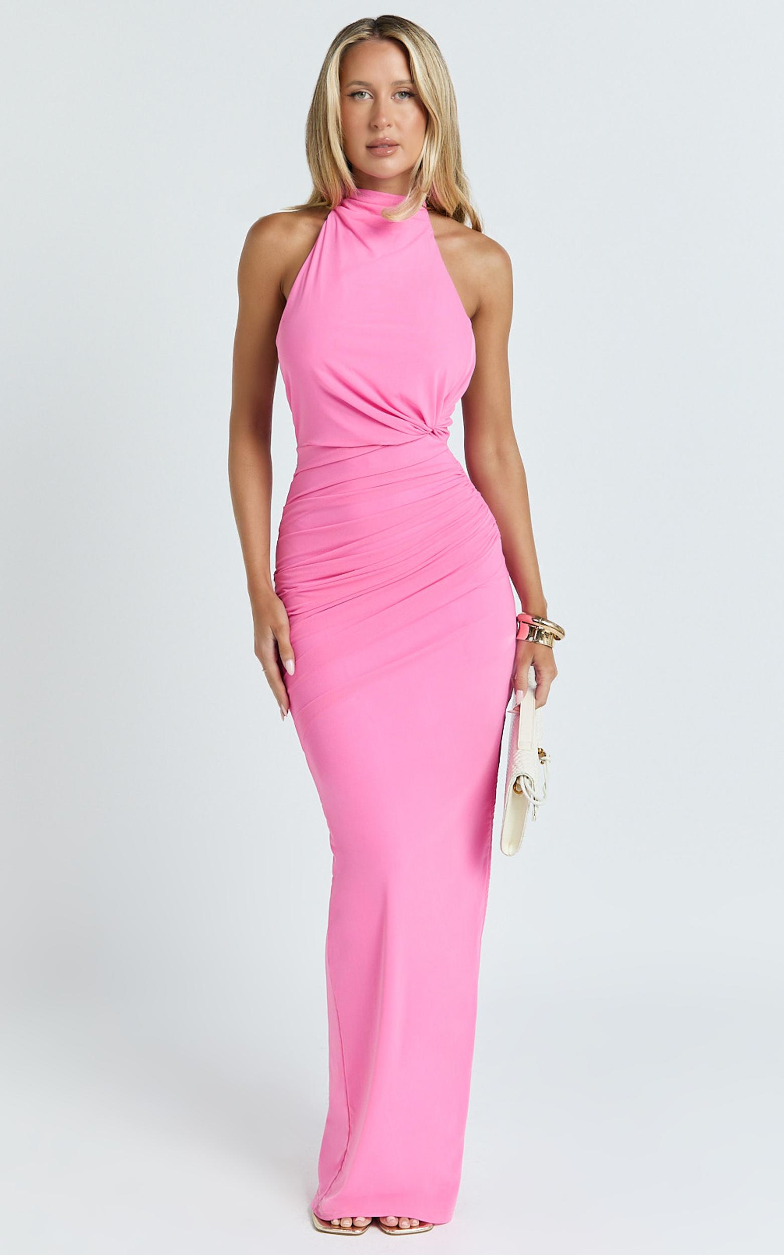 francis maxi dress - halter ruched backless dress in pink