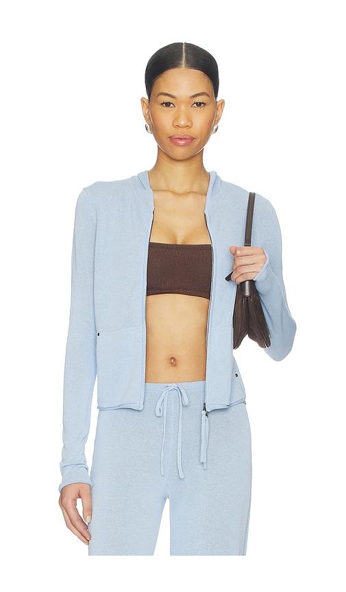frankies bikinis atlas knit hoodie in baby blue.