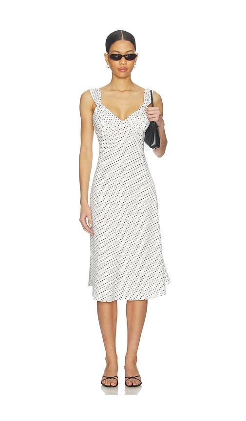 frankies bikinis aurora satin midi dress in white.