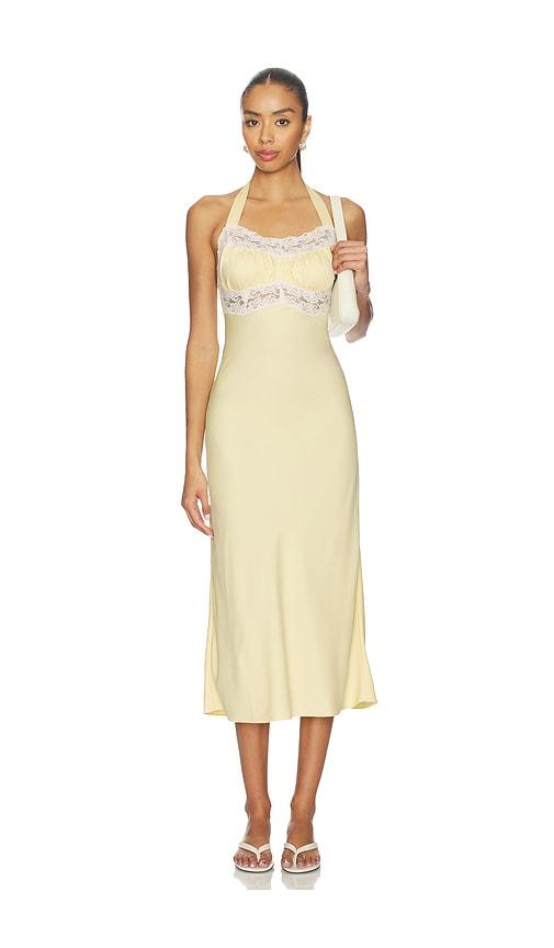frankies bikinis darcy satin midi dress in yellow.