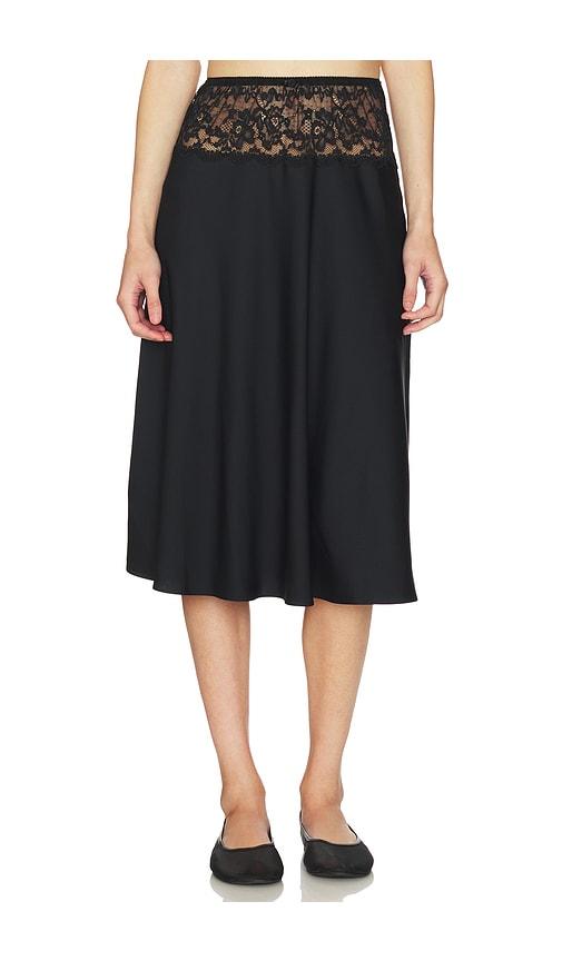 frankies bikinis harper satin midi skirt in black.