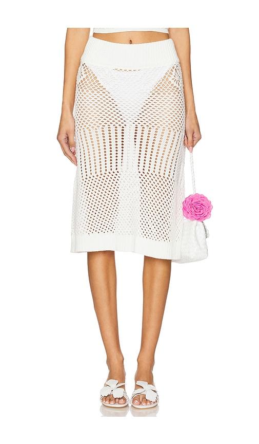 frankies bikinis orchard crochet midi skirt in white.