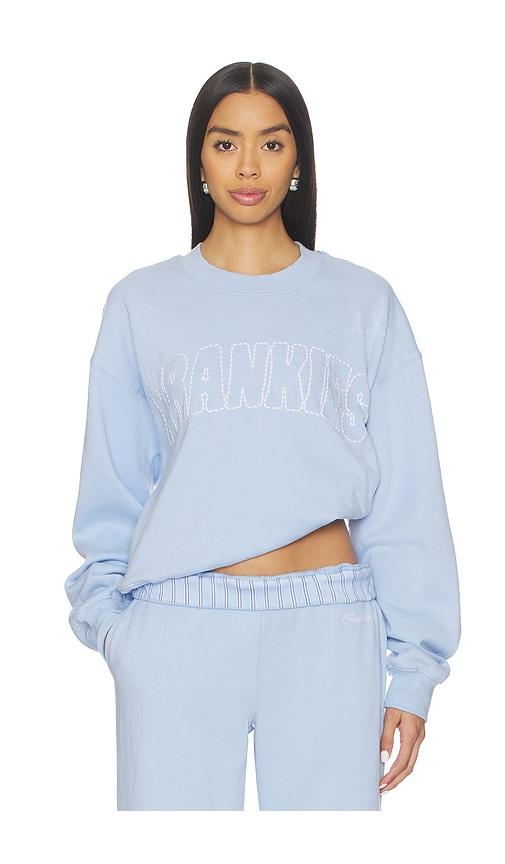 frankies bikinis travel day cotton crewneck pullover in baby blue.