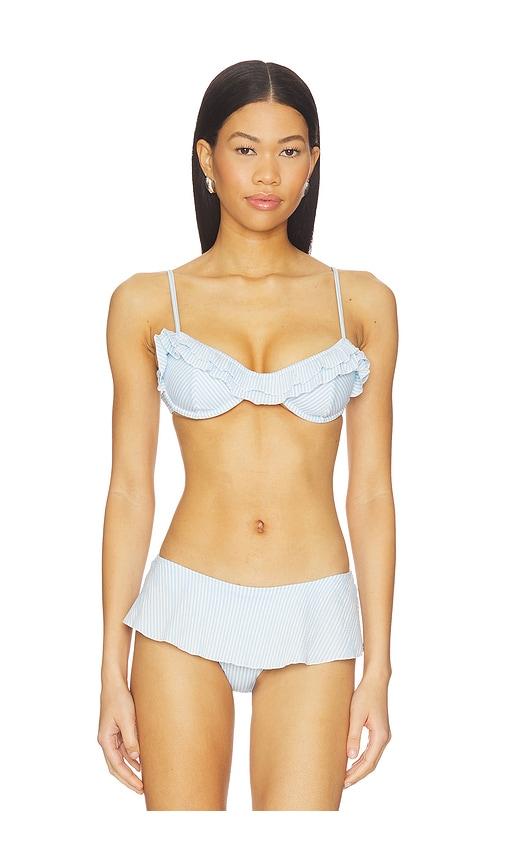 frankies bikinis venus seersucker top in baby blue.