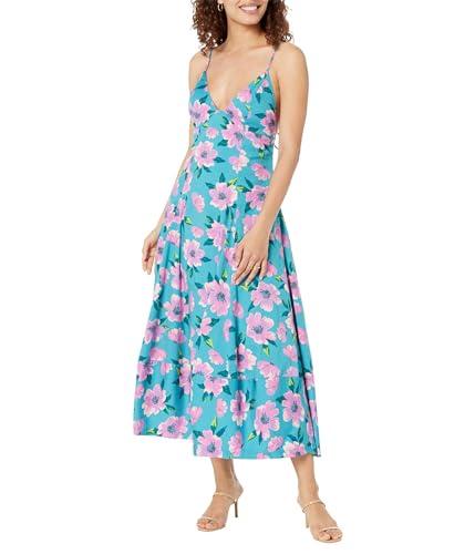 free people finer things printed midi dress for women - floral print - plunging v-neckline teal combo lg (women's 12) one size