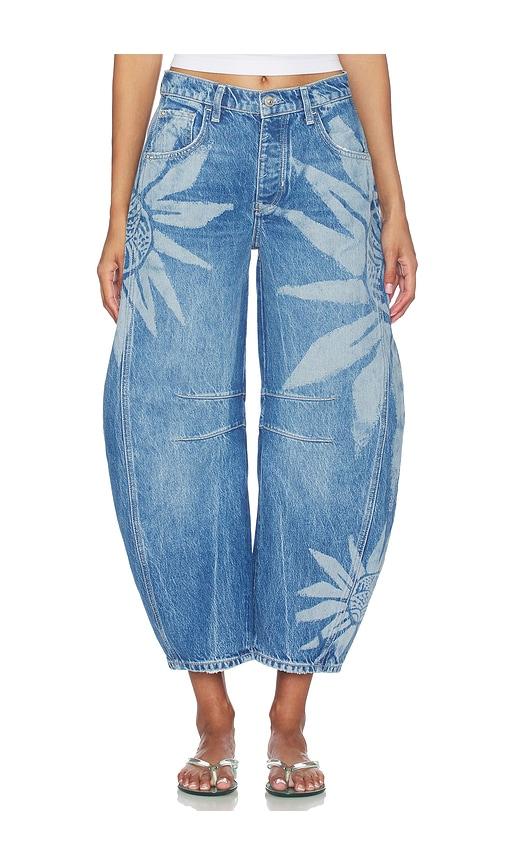 free people good luck printed barrel jean in blue.