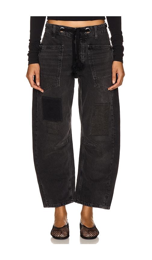 free people moxie low slung pull on barrel wide leg jeans in black.