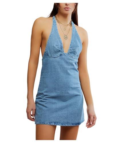 free people women's trevi denim mini, celestial blue